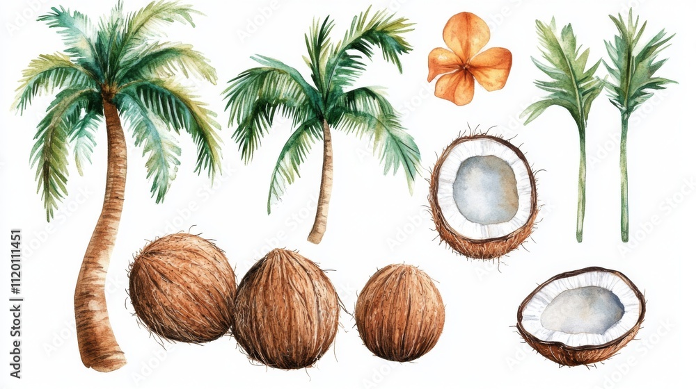Obraz premium Watercolor Tropical Palm Trees and Coconuts