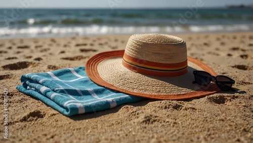 A straw hat with a colorful band rests on a teal checkered beach towel, with sunglasses nearby on sandy shore by the ocean.