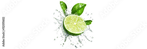 a green leaves lime slices with water isolated on a transparent background