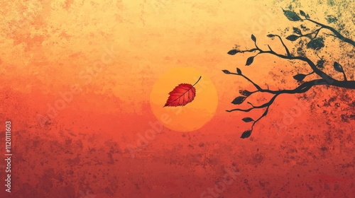 Autumnal Sunset Scene with Falling Leaf and Branch