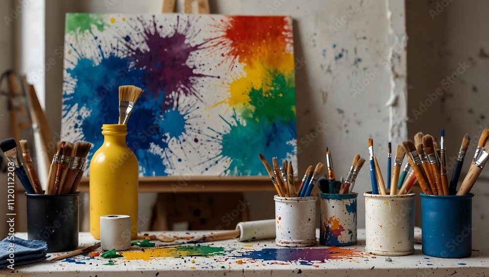 Art studio scene featuring splattered colorful paint on a canvas, surrounded by jars of brushes and paint stains on a table. Art studio scene featuring splattered colorful paint on a canvas, surrounded by jars of brushes and paint stains on a table.