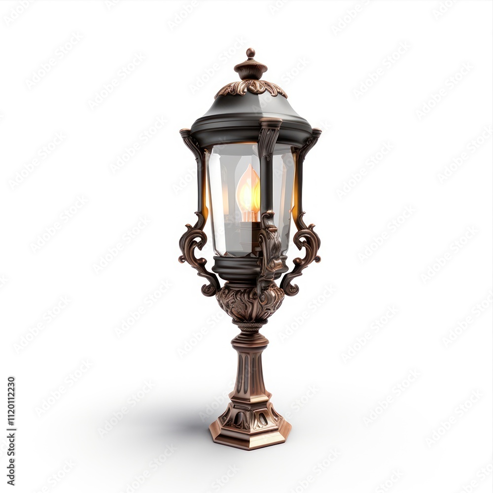Elegant street lamp with a warm glow, ideal for illuminating paths and adding a touch of timeless charm. Isolated on white background Elegant street lamp with a warm glow, ideal for illuminating paths and adding a touch of timeless charm. Isolated on white background
