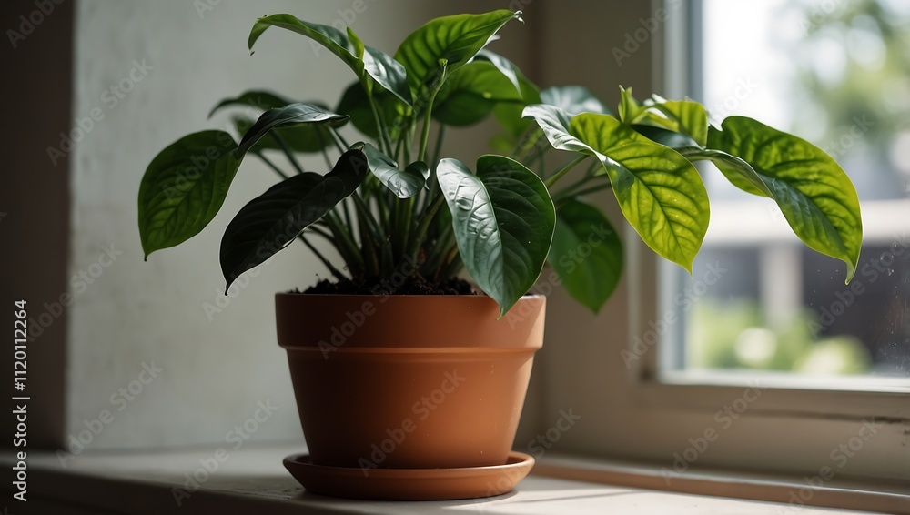 A healthy green plant with large leaves sits in a terracotta pot on a windowsill, illuminated by natural light. A healthy green plant with large leaves sits in a terracotta pot on a windowsill, illuminated by natural light.