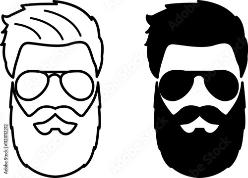 Style Icons. Black and White Vector Illustrations. Stylish Man with Fashionable Hairstyle, Bear,d and Sunglasses. Fashion Concept