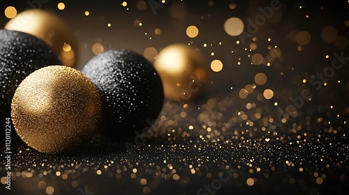 Black and gold christmas baubles on bokeh background photo