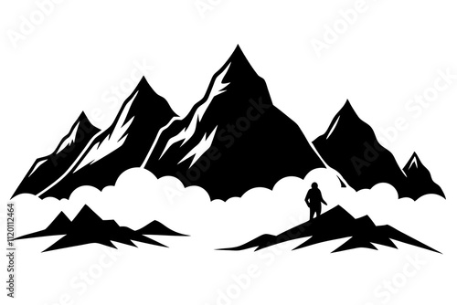 Hiker Silhouette on Mountain Peaks with Dramatic Clouds.