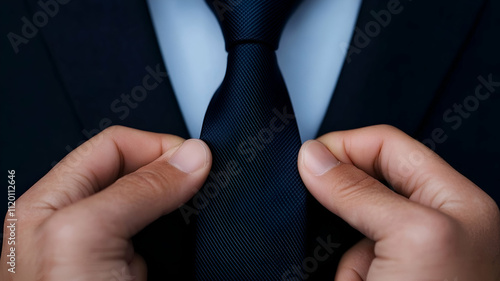 Adjusting a tie for a professional appearance.