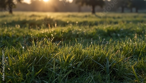 Morning light glimmers on dewy grass in a lush field, with soft sunlight filtering through distant trees.