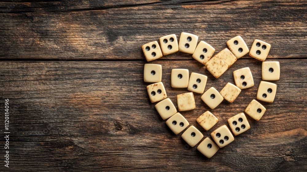 Dice arranged in heart shape on rustic wooden background. Dice arranged in heart shape on rustic wooden background.