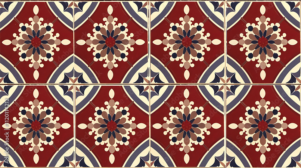 A collection of decorative tiles featuring intricate Moroccan-inspired patterns in red, blue, and gold tones. A collection of decorative tiles featuring intricate Moroccan-inspired patterns in red, blue, and gold tones.