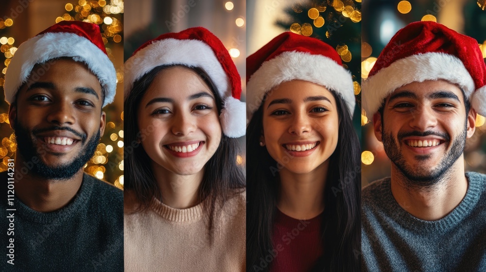 Festive collage of four multiethnic diverse people on Christmas hat video call . High quality photo Festive collage of four multiethnic diverse people on Christmas hat video call . High quality photo