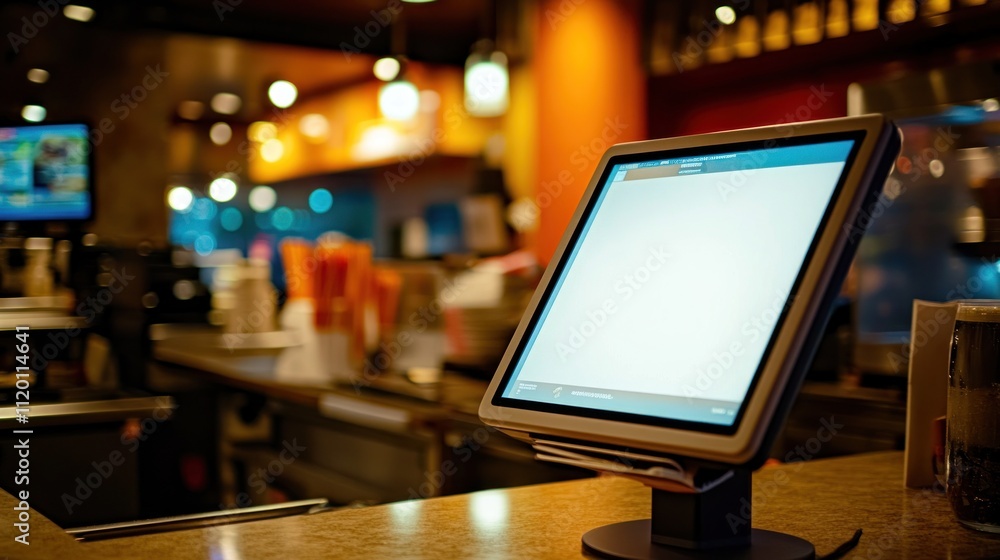 Modern POS system with blank screen on a cafe counter. Modern POS system with blank screen on a cafe counter.