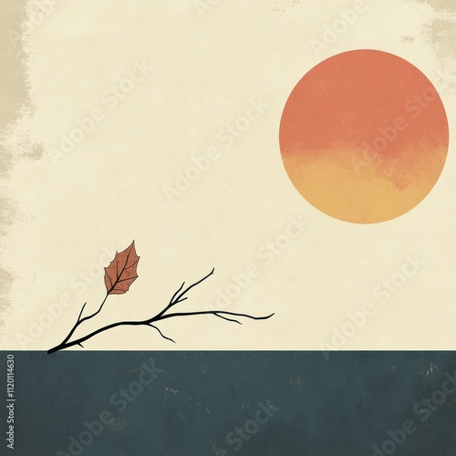 A Single Autumn Leaf On A Bare Branch Against A Setting Sun