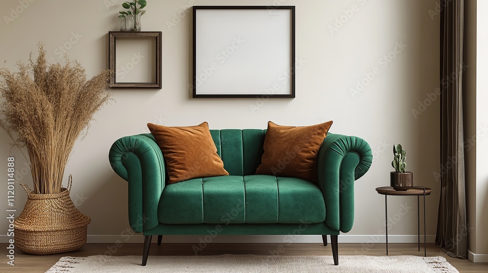 Fototapeta premium Cozy living room with a green sofa, decorative plants, and minimalist decor.