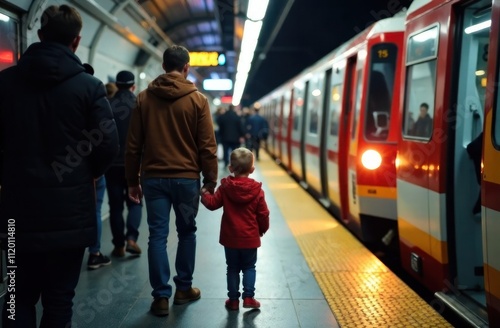 A father holds his child hand as they wait for their train at a bustling subway station in the evening photo