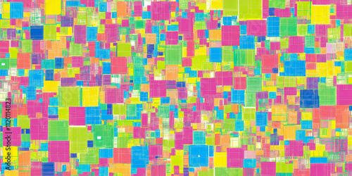 Colorful abstract pattern with vibrant squares in various shades across the surface