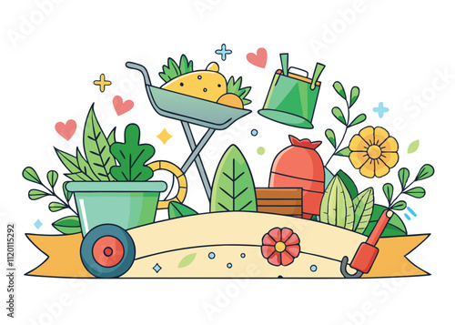 fhand-drawn-gardening-banner--wheelbarrow--flowers.eps