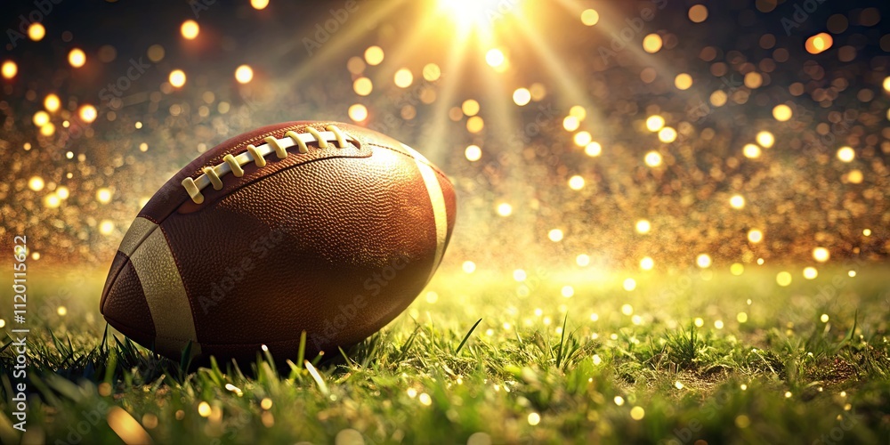 Glowing Football on Field with Sunburst Background Glowing Football on Field with Sunburst Background