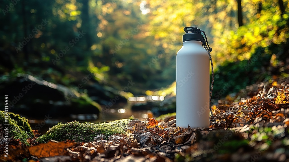 A white water bottle stands on colorful autumn leaves near a serene stream. A white water bottle stands on colorful autumn leaves near a serene stream.