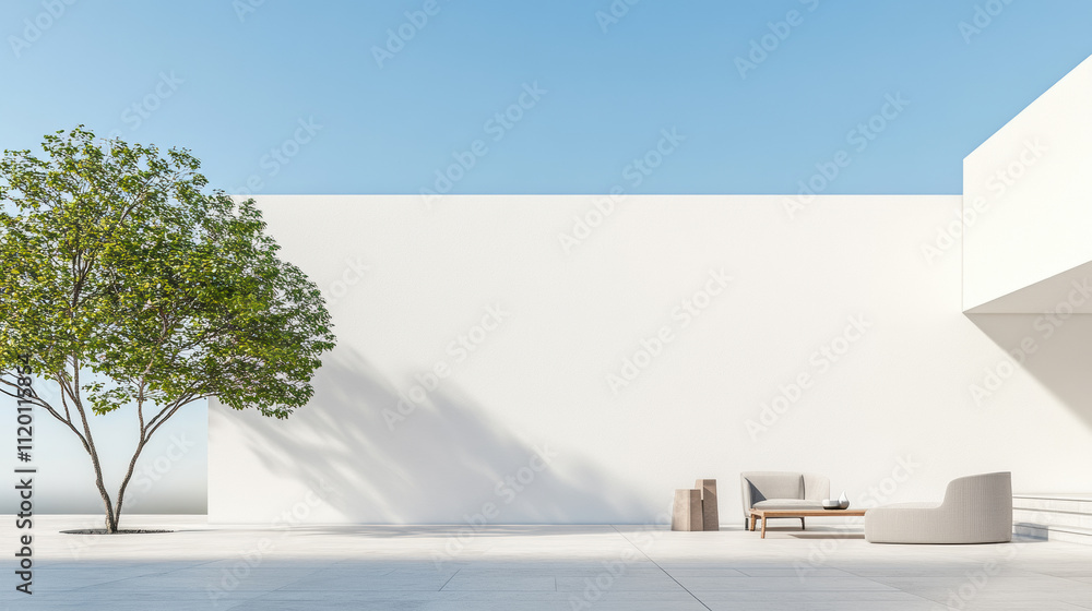 Obraz premium Minimalist Outdoor Space with White Walls and Green Tree