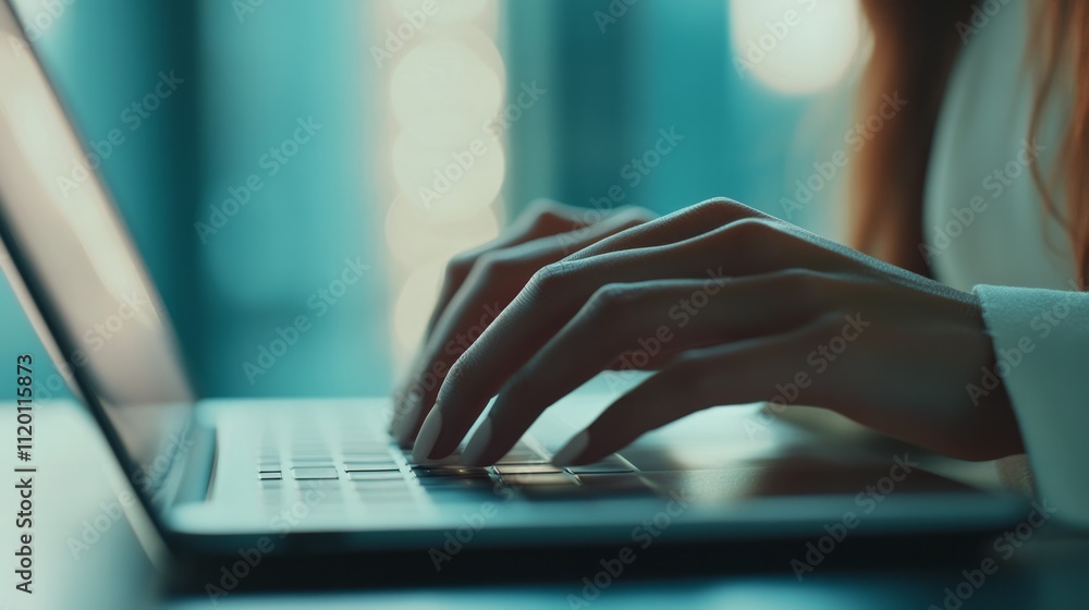 Modern business scene, close-up of a woman's hand operating a laptop computer. Modern business scene, close-up of a woman's hand operating a laptop computer.