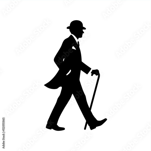 man wear suit and bowler hat walking with stick	
