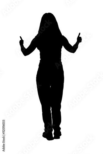 back view of a silhouette woman showing thumbs up on white background