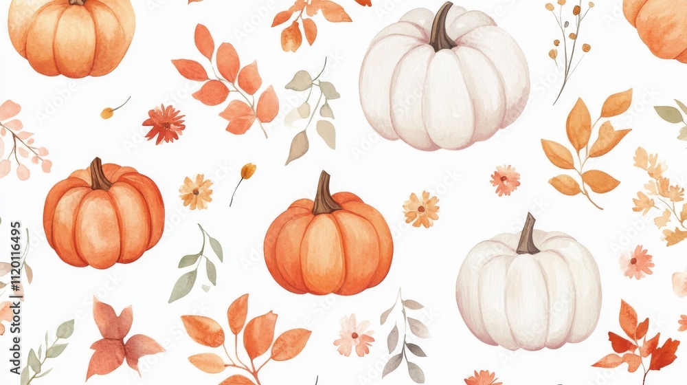 Autumn Watercolor Pumpkins and Leaves Seamless Pattern Autumn Watercolor Pumpkins and Leaves Seamless Pattern