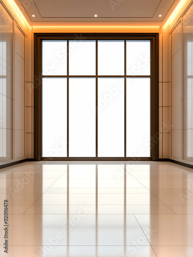 Modern interior with large windows and bright walls.