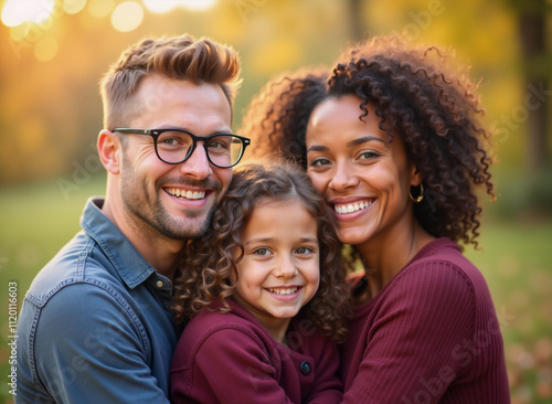 Familia mixta feliz con hija en un parque iluminado por el sol photo