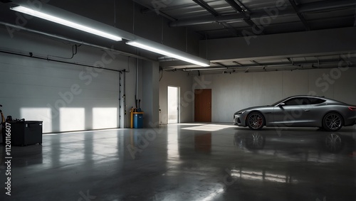A sleek silver sports car sits in a spacious, well-lit garage with polished concrete floors and shadows from overhead lights.