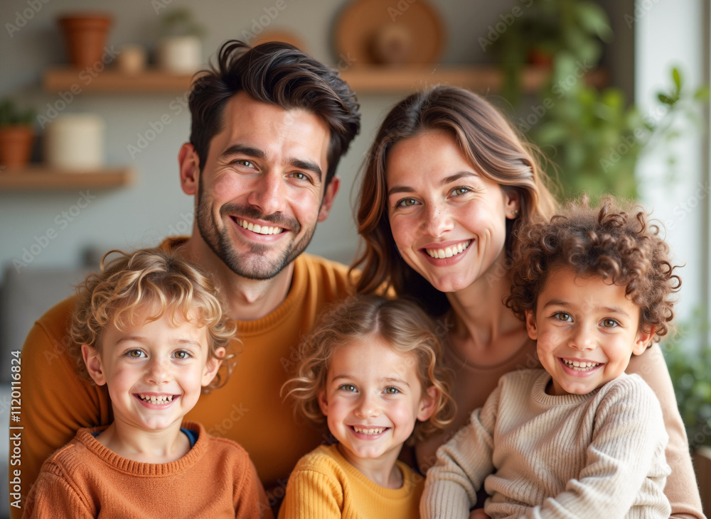 Obraz premium Familia multicultural con tres hijos sonriendo en casa luminosa