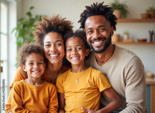 Familia unida con dos hijos en un entorno hogareño y feliz