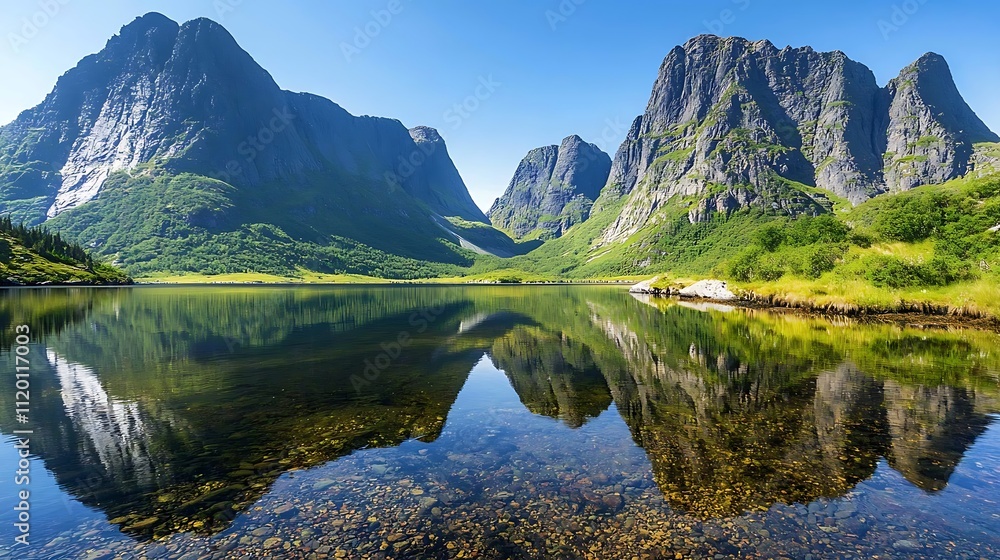 Serene mountain lake reflecting peaks. Serene mountain lake reflecting peaks.