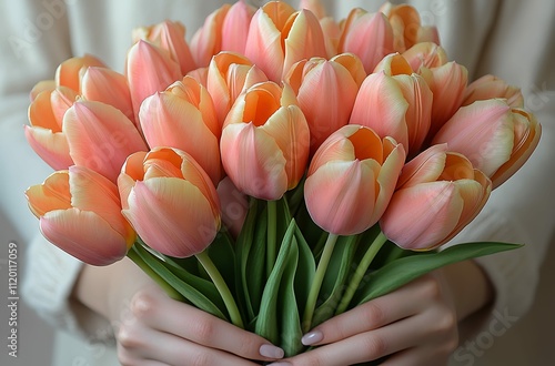 Woman holding a beautiful bouquet of peach and pink tulips. photo