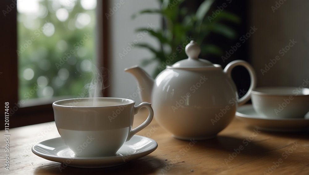 A steaming cup of tea sits on a saucer beside a white teapot, with soft natural light and greenery in the background. A steaming cup of tea sits on a saucer beside a white teapot, with soft natural light and greenery in the background.
