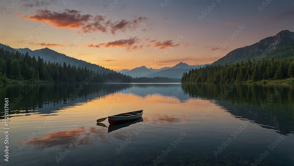 Fototapeta premium A tranquil lake at sunset, with a lone canoe floating on calm waters, surrounded by mountains and dense forests.