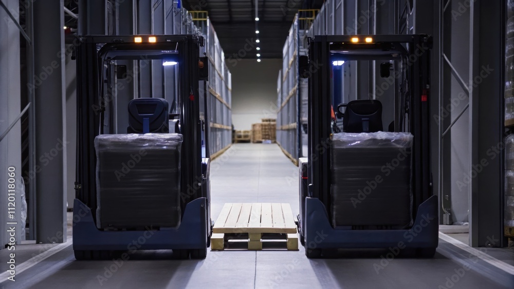 Two autonomous forklifts engaged in a synchronized task one lifting a pallet while the other navigates towards a designated unloading zone demonstrating efficiency and teamwork. Two autonomous forklifts engaged in a synchronized task one lifting a pallet while the other navigates towards a designated unloading zone demonstrating efficiency and teamwork.