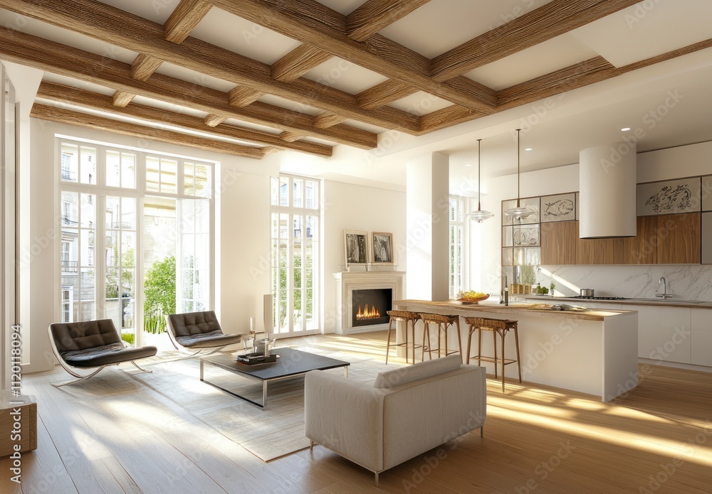 Sunlit open-plan living space with kitchen, fireplace, and coffered ceiling. Sunlit open-plan living space with kitchen, fireplace, and coffered ceiling.