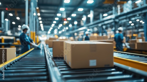 A pharmaceutical packaging area with conveyor belts transporting boxed medicines under bright lights. Workers in sterile gear ensure quality control. The scene conveys cleanliness and precision 