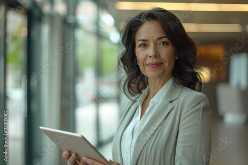 Smiling Latin CEO using fintech app at office workplace.