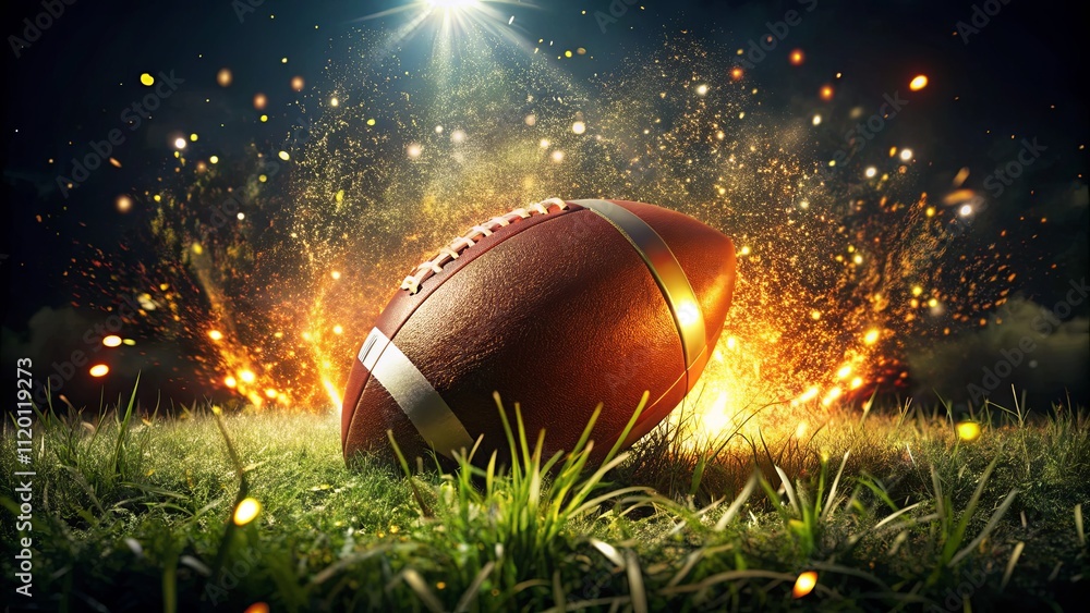 Dynamic Football on Field with Explosive Background Dynamic Football on Field with Explosive Background