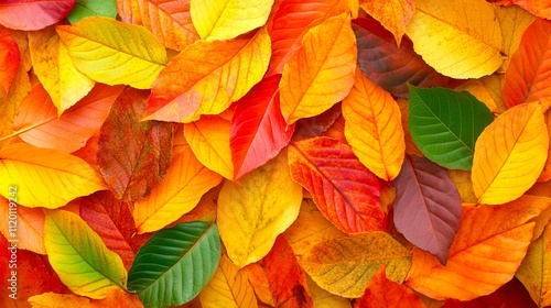 Vibrant fall leaves in shades of red, orange, yellow, and green create a beautiful natural pattern, ideal for seasonal designs, nature-themed projects, or as a background for autumn-related content,