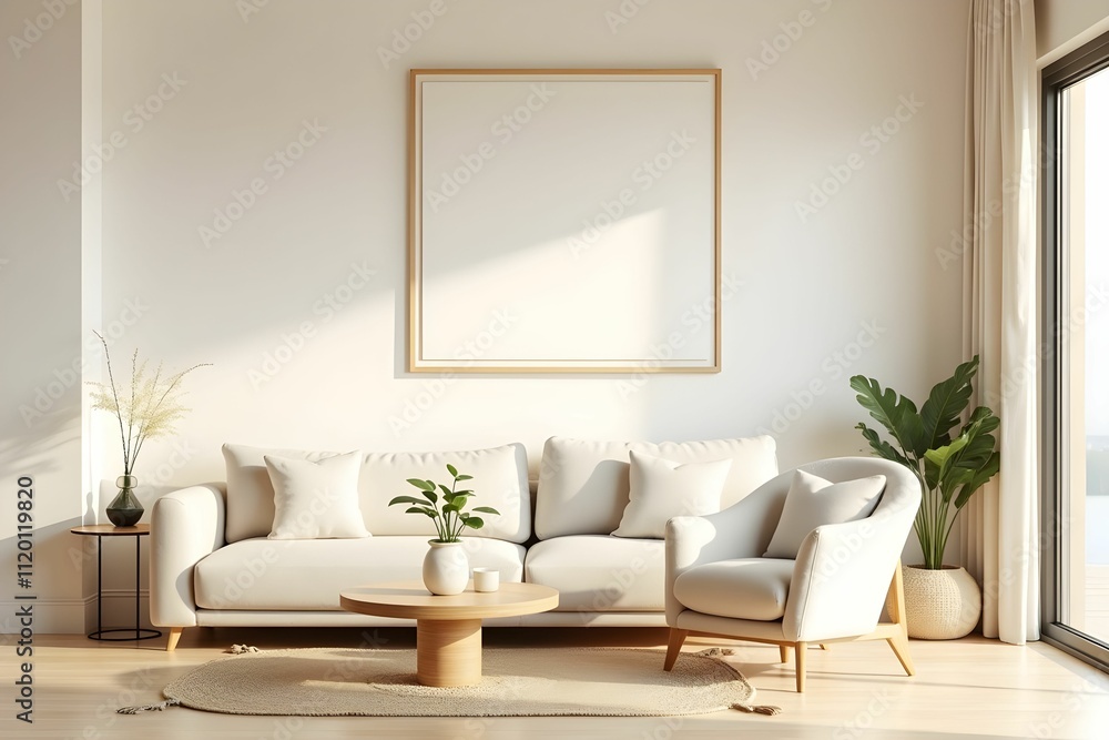 Naklejka premium minimalist living room, boucle sofa, accent armchair, beige wall, modern wooden frame, serene interior design, natural light, neutral tones, japandi style decor