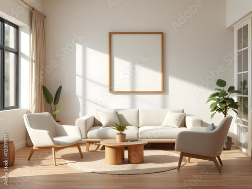 minimalist living room  boucle sofa  accent armchair  beige wall  modern wooden frame  serene interior design  natural light  neutral tones  japandi style decor