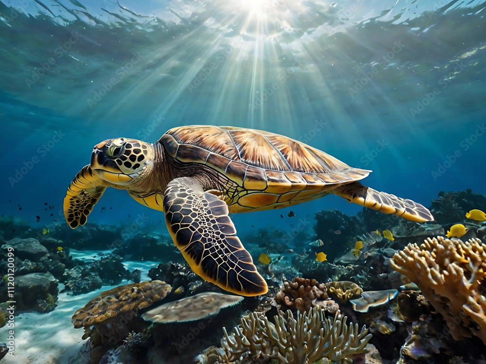 Fototapeta premium a turtle swimming near a coral reef