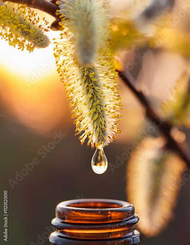 Close-up Drop Essence falling from the flower bach willow towards the bottle glass brown, nature Background, Natural Remedy, Salix, Floral de Bach, Terapia Floral, Flower Therapy