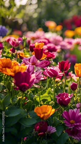 Wallpaper Mural vertical 9:16 flowers blooming in a vibrant garden. Rich colors, outdoor natural setting in daylight Torontodigital.ca