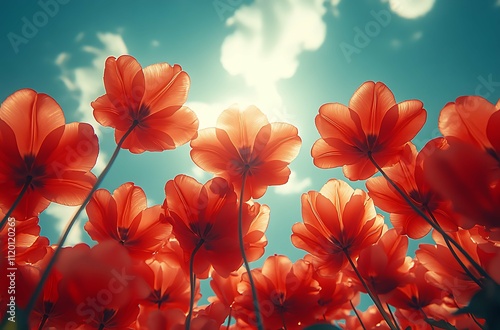 Red tulips in the field. Spring landscape. Nature background. photo