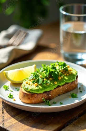 Avocado toast with herbs and lemon on a rustic table, accompanied by a glass of water